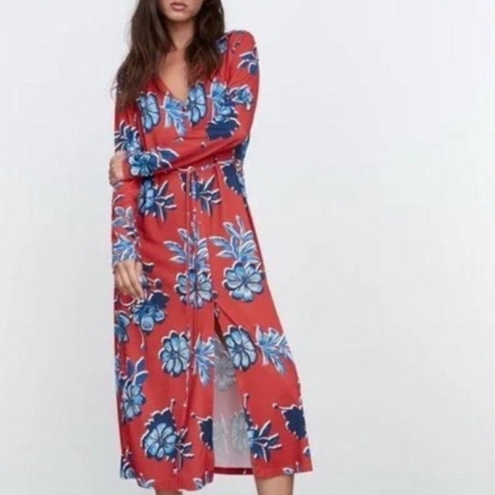 Zara Red & Blue Long Sleeve Floral Midi Sheath Jumper Dress Small